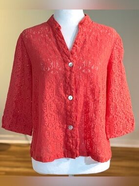 Ruby Rd Petite Lace Coral Blouse 3/4 Sleeve, Size Petite Medium